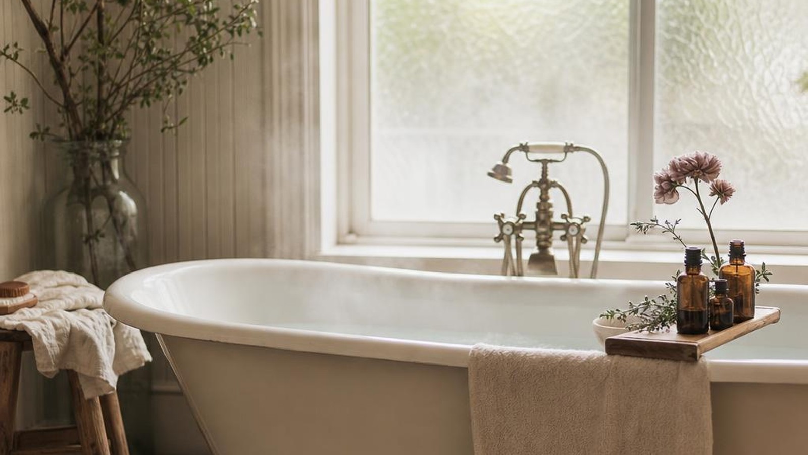 A cream claw-foot bath beside a softly lit window, with towels, amber bottles and flowers.