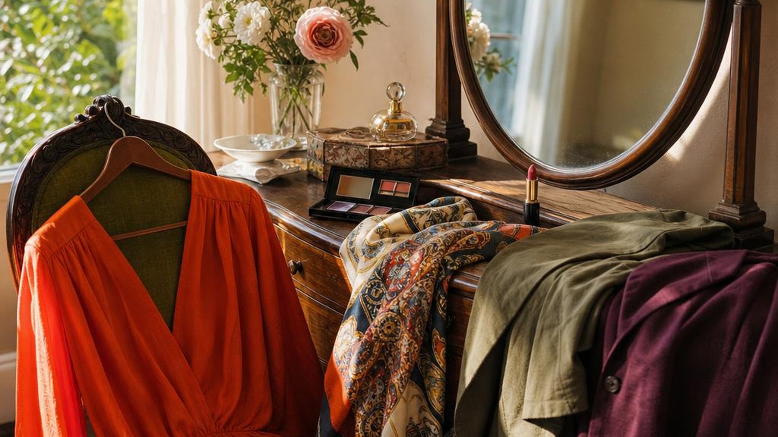 An orange blouse, patterned silk scarf, olive wrap and plum jacket beside a dressing-table mirror and makeup.
