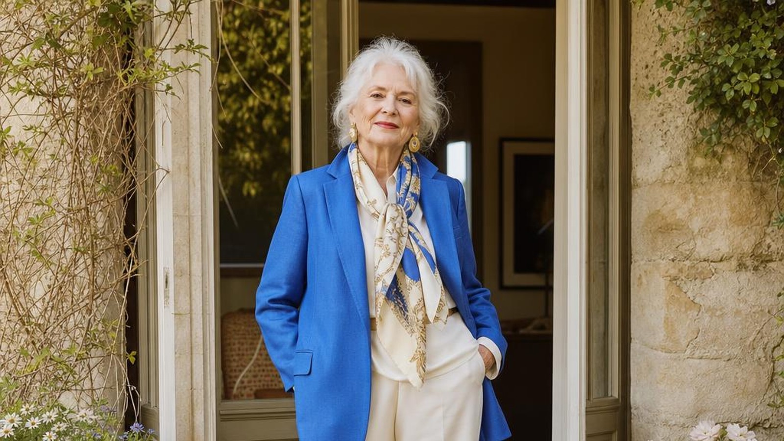 An illustrative older woman with silver hair wearing a cobalt blazer, ivory wide-leg trousers, earrings and a patterned scarf in a garden doorway.