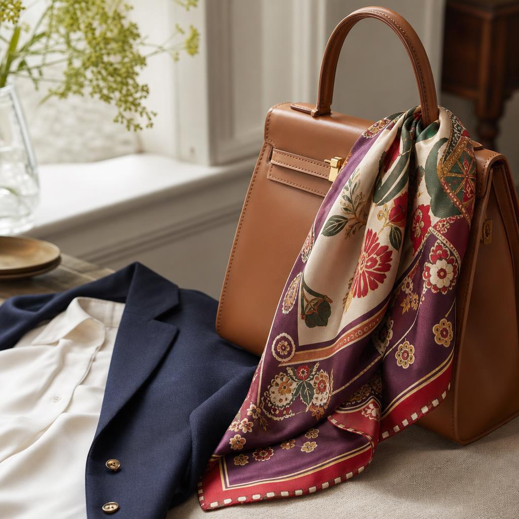 A patterned 1950s-inspired silk scarf draped over a tan handbag beside a navy blazer and white blouse
