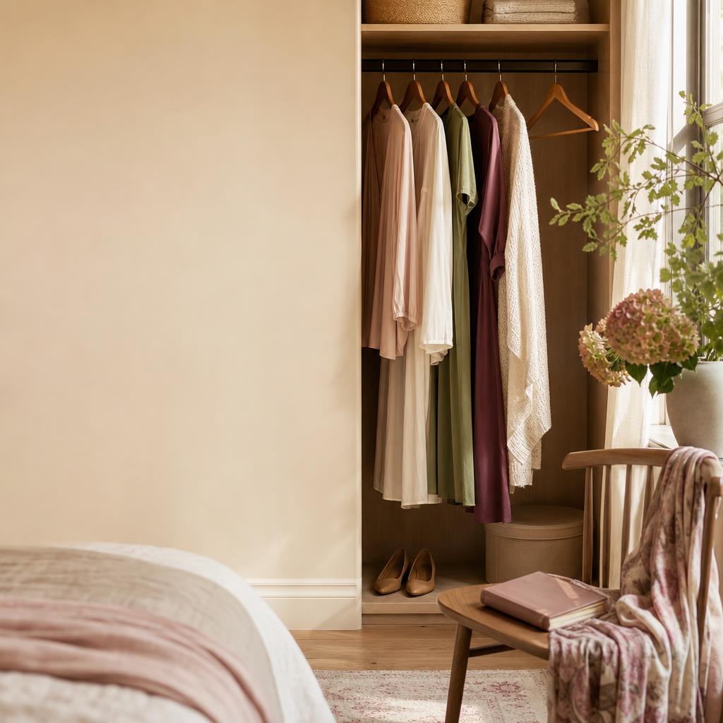 A softly lit wardrobe with ivory, blush, sage and plum garments beside an empty hanger, a chair, scarf and journal