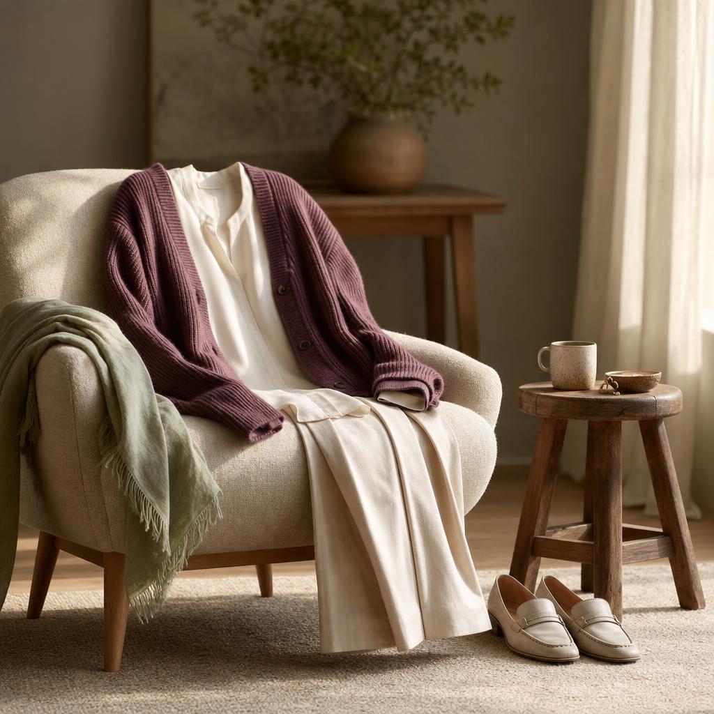 A calm outfit arranged on a chair with a plum cardigan, cream clothes, a sage scarf and loafers
