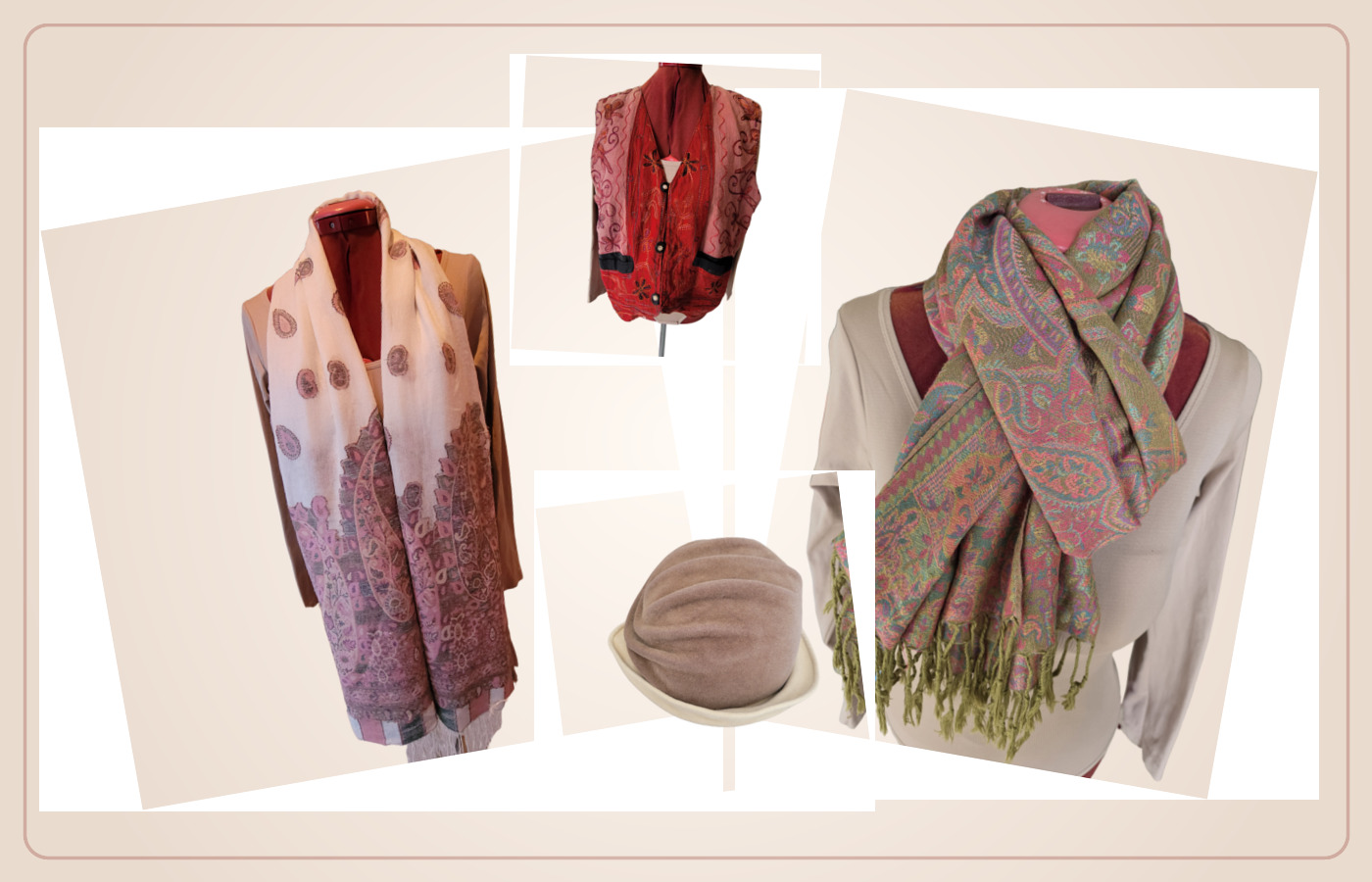A wardrobe notebook collage of pashminas, an embroidered vest and a cloche hat