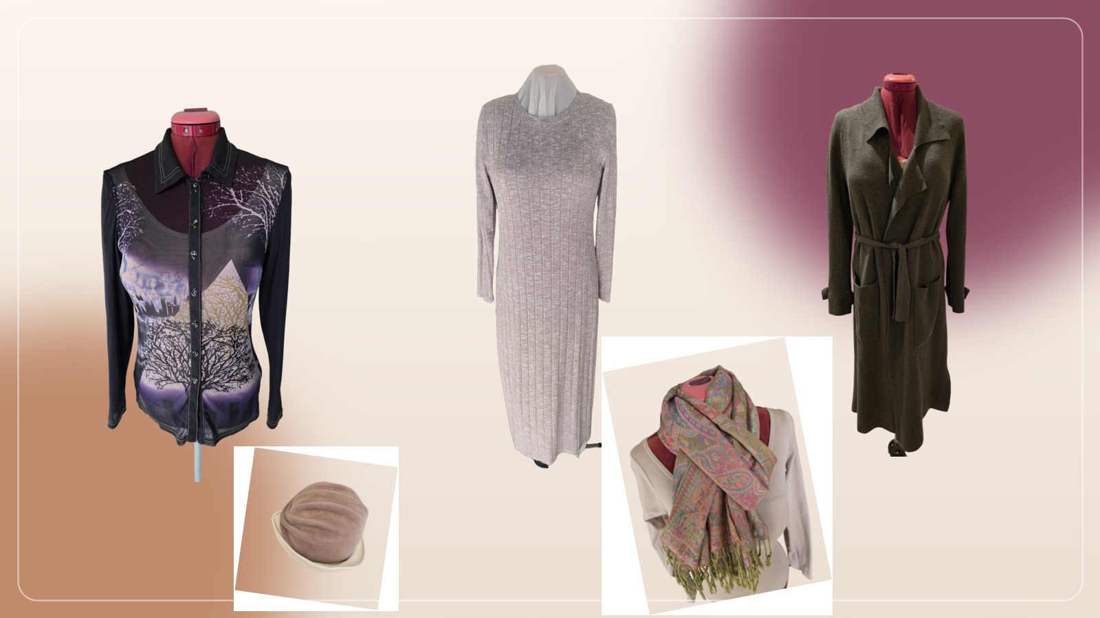 A wardrobe notebook composition of a knit dress, graphic shirt, coatigan, pashmina and cloche