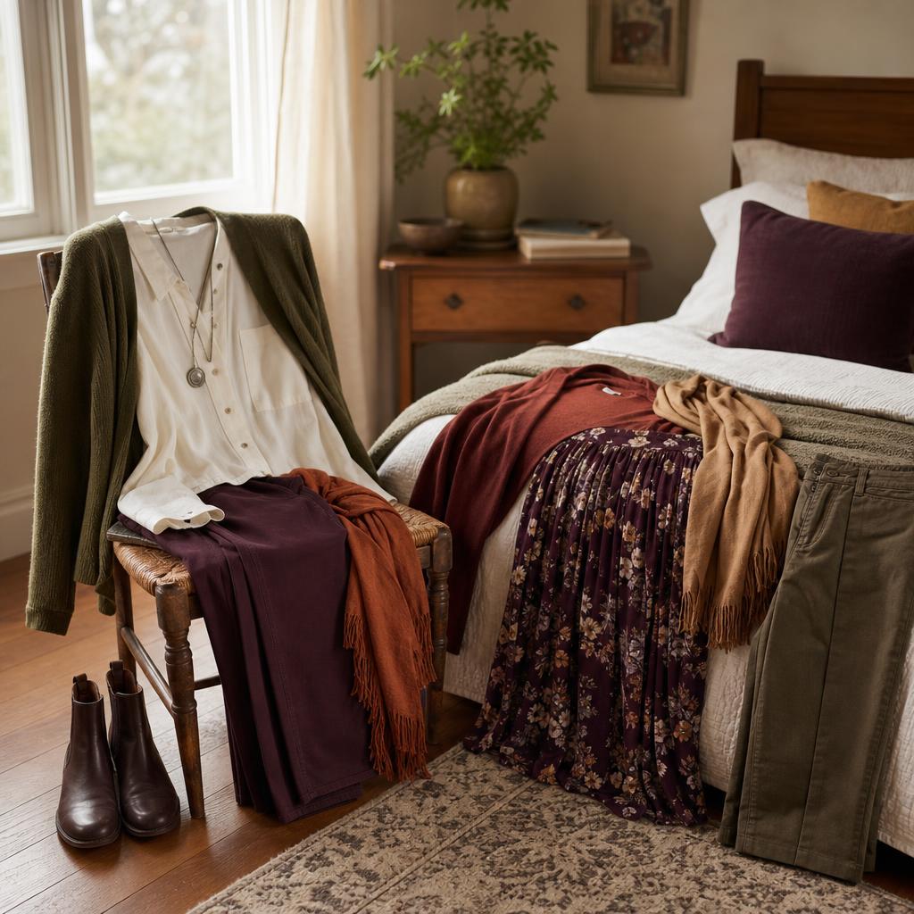 A gentle week of adaptable outfits arranged with soft layers, scarves, comfortable boots and a cherished necklace